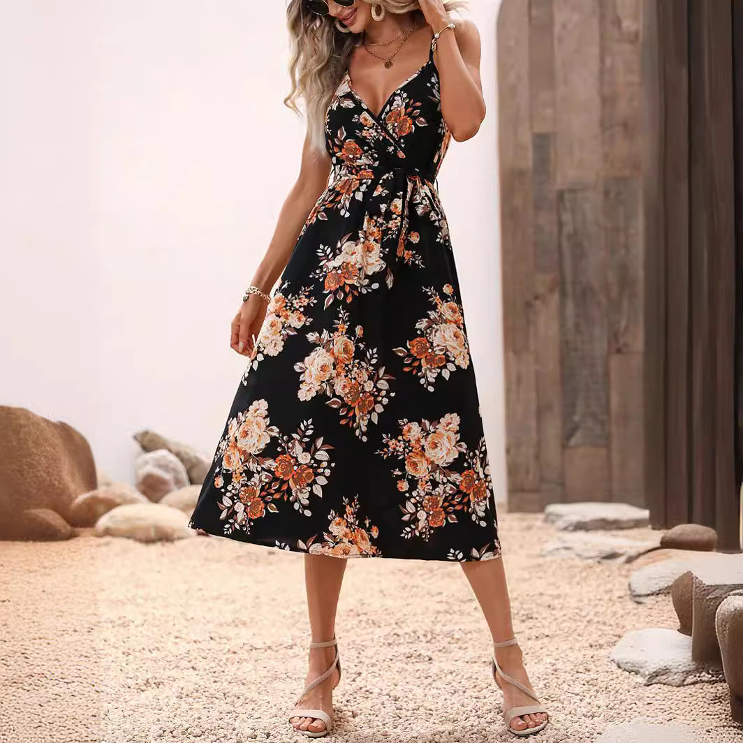 Ropa de mujer Vestido de tirantes con cintura estampada de verano