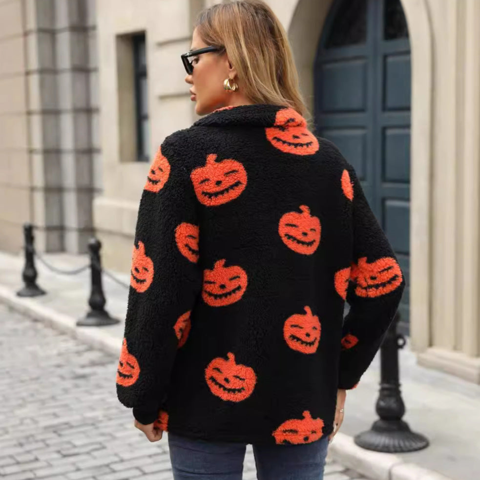 Autumn Winter Women Clothing Halloween Pumpkin Printed Half Zipper Plush Pullover Sweater