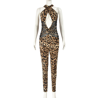 Women Clothing Summer Mesh Stitching Leopard Print Backless Sexy Jumpsuit