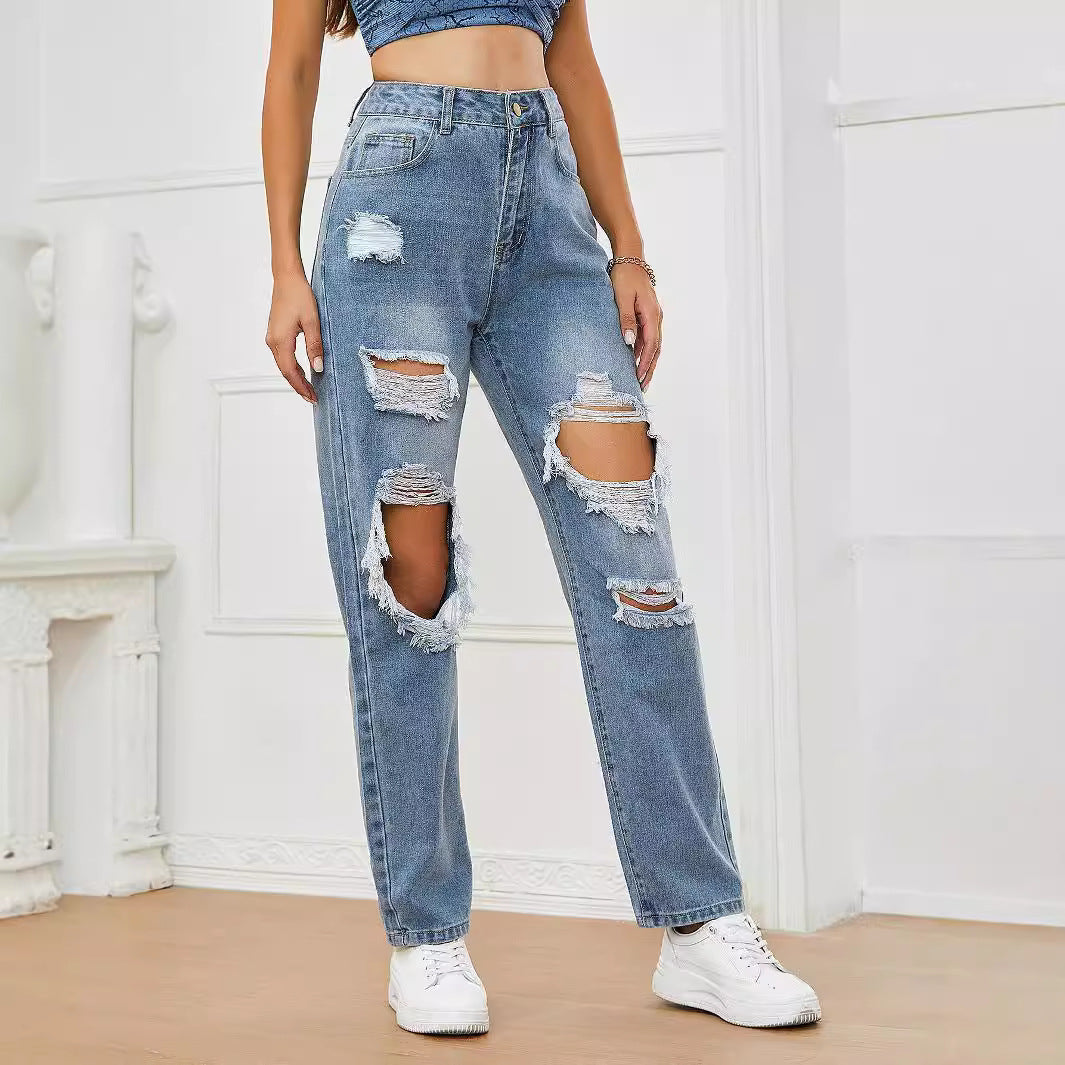 Women Clothing Popular Pants Ripped High Waist Casual Jeans