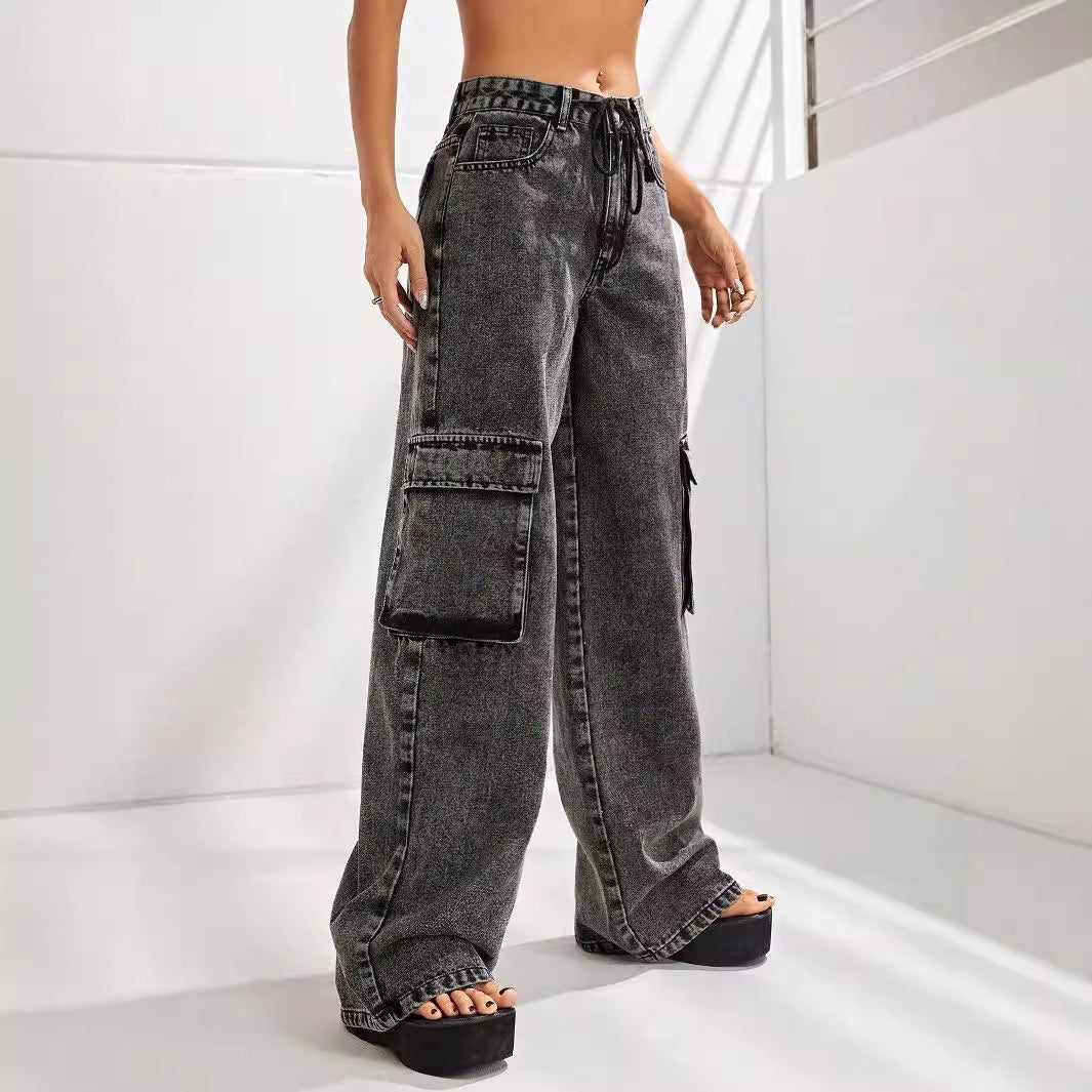 Women Clothing High Waist Large Pocket Slimming Loose Cargo Denim Trousers