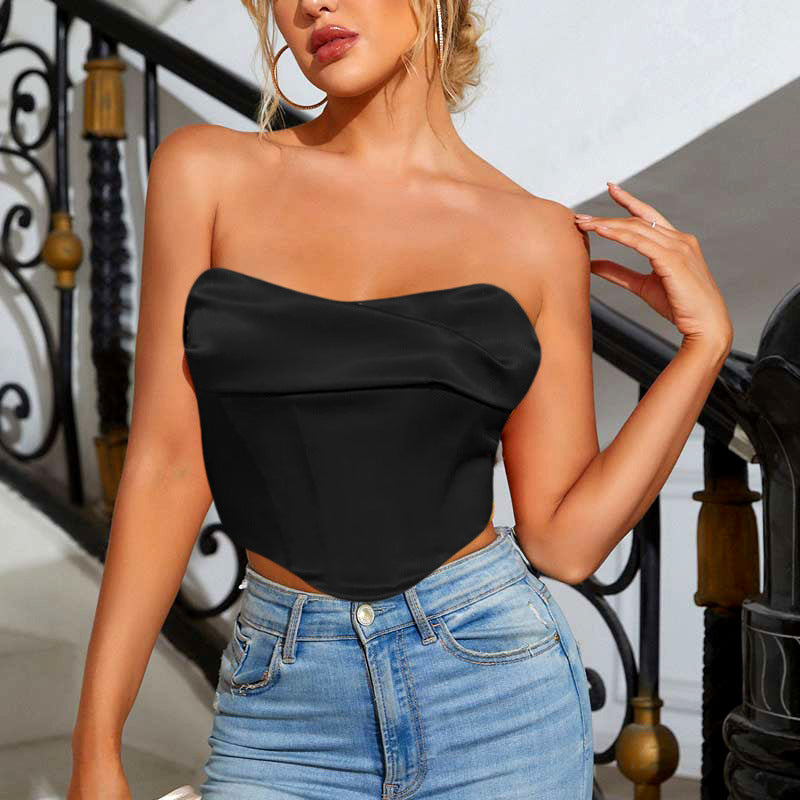 Verano mujeres Sexy pila Collar envuelto pecho recortado chaleco corto Top pequeño deshuesado corsé deshuesado corsé