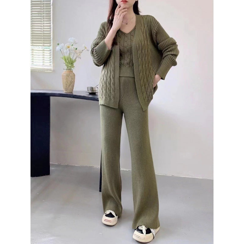 Autumn Winter Idle Knitting Suit Women Loose Cardigan Sling Bottoming Shirt Lengthened Wide Leg Pants Three Piece Set