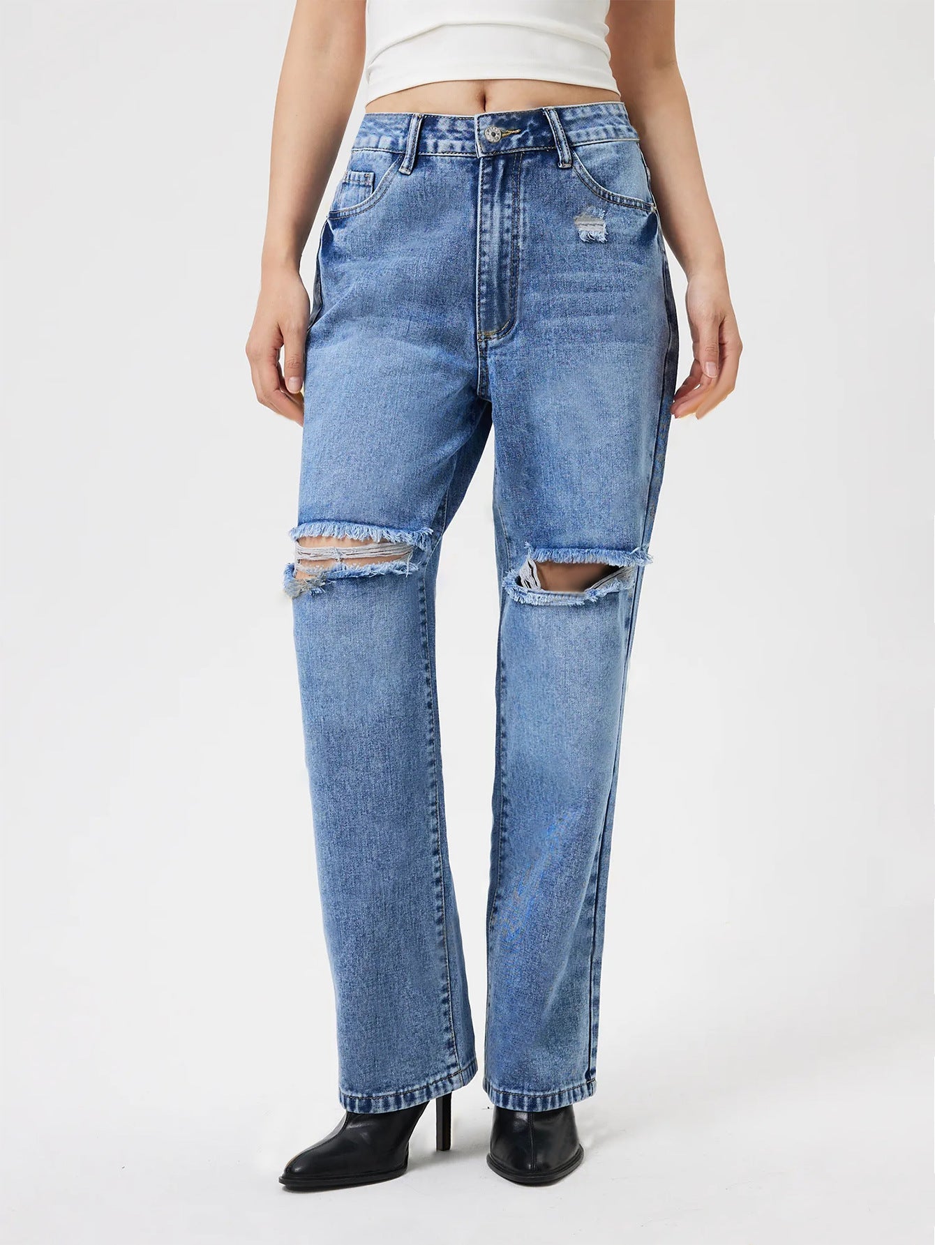 Women Clothing Loose Hole Denim Trousers