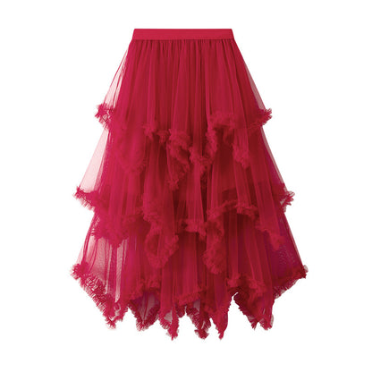 Wooden Ear Irregular Asymmetric Mesh Tiered Skirt Mid Length High Waist Big Swing Puffy Fairy Gauze Dress Long Skirt