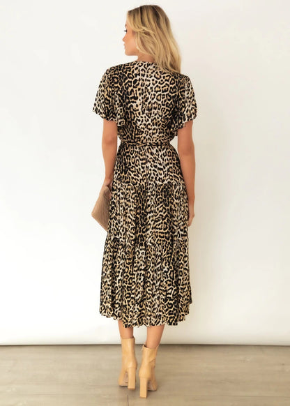 Exclusive for Leopard Print V neck Short Sleeve Belt Pleated Dress for Women