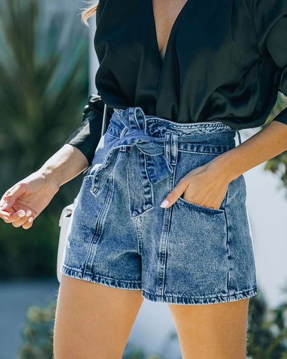 Trade High Waist All-Matching Denim Shorts Women Casual Pants Belt Trend