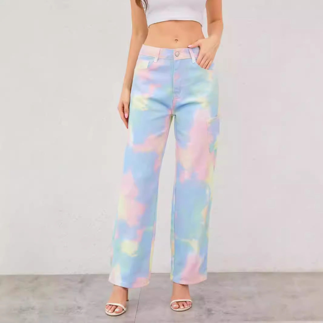 Summer Rainbow Tie Dyed Jeans Women Loose Straight Trousers Trend