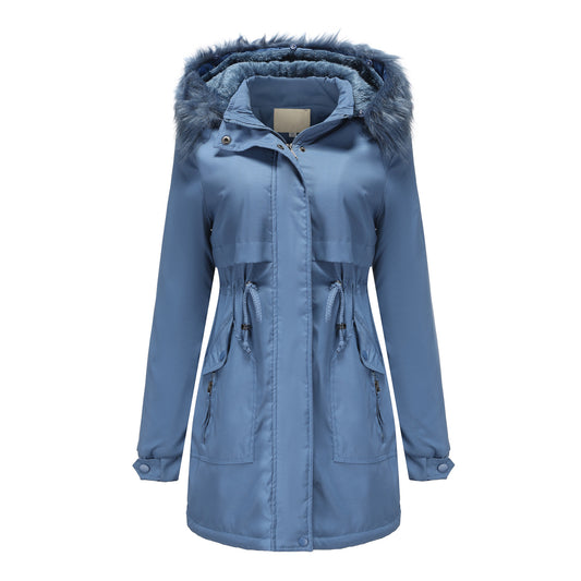 Abrigo acolchado de algodón para mujer, cuello de piel desmontable, gorro desmontable, parka acolchada para mujer