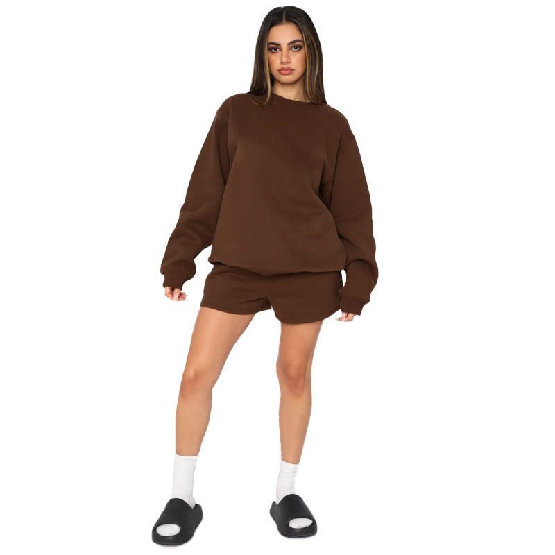 Cotton Autumn Winter Solid Color round Neck Pullover Long Sleeve Sweater Women Casual Shorts Set