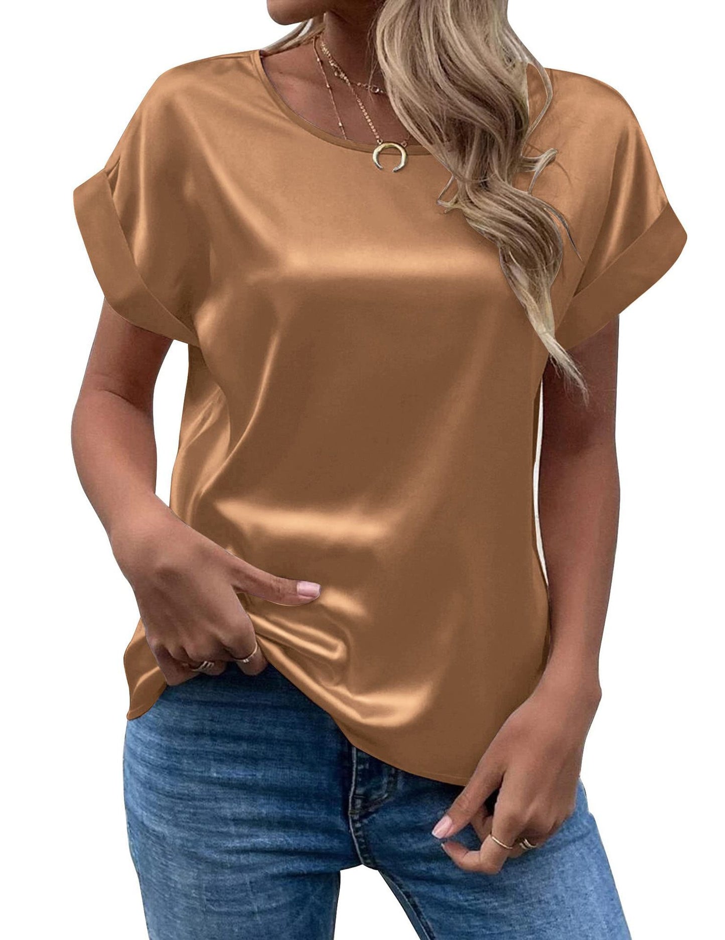 Camiseta recta de mujer con cuello redondo y jersey de satén elegante de oficina de suministro de verano