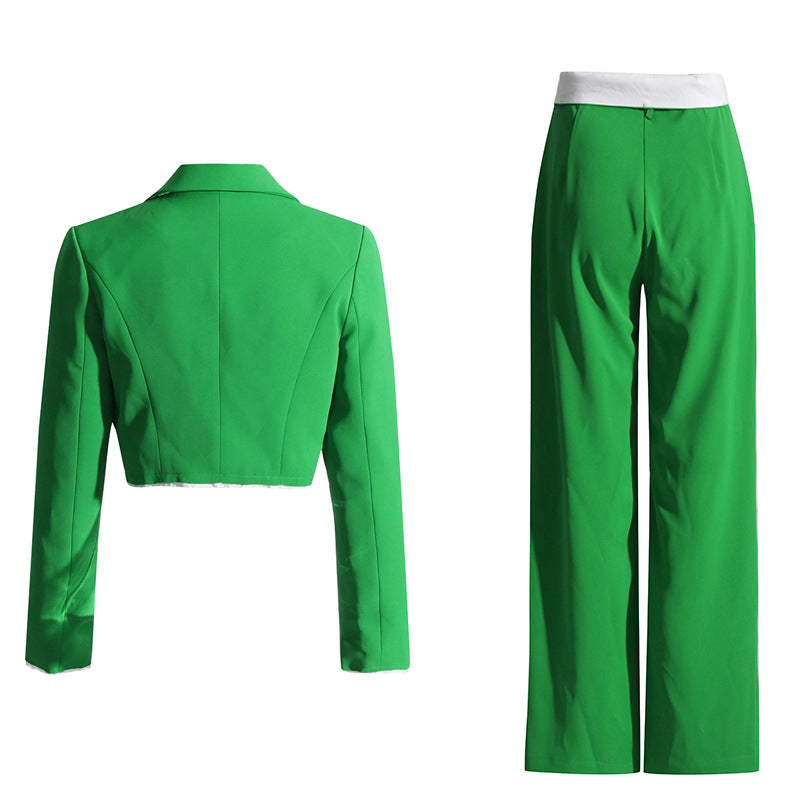 Autumn Casual Short Blazer Women Flanging High Waist Straight Pants Suit Two Piece Set