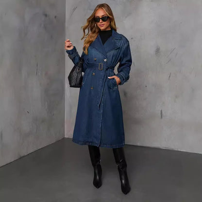 Autumn Casual Retro Denim Women Wide Windbreaker Coat With Belt