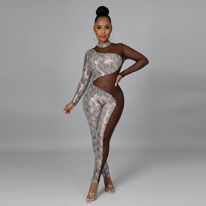 Trousers Sequined Round Collar Gauze Sexy Nightclub Jumpsuit