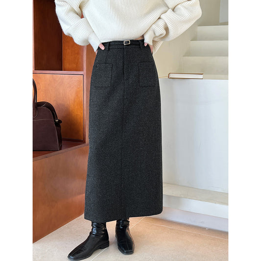 Woolen Skirt High Waist Design Pocket Autumn Winter Cover Hip Woolen Skirt