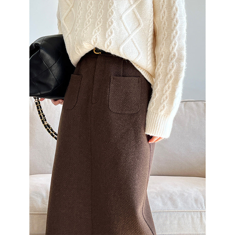 Woolen Skirt High Waist Design Pocket Autumn Winter Cover Hip Woolen Skirt