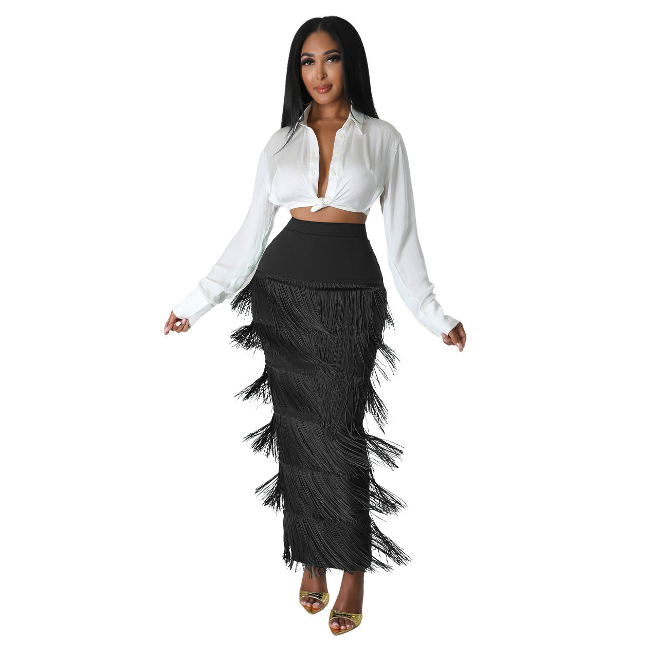 Women Clothing High Waist Stitching Tassels Party Sexy Pencil Skirt