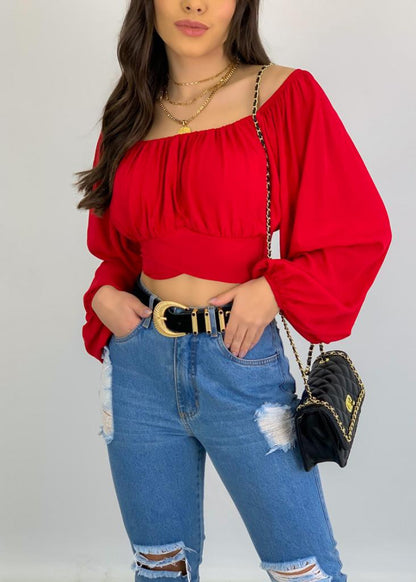 Top Women Solid Color Cropped Exposed Lantern Sleeve off Neck Sexy Lacing Puff Sleeve Shirt