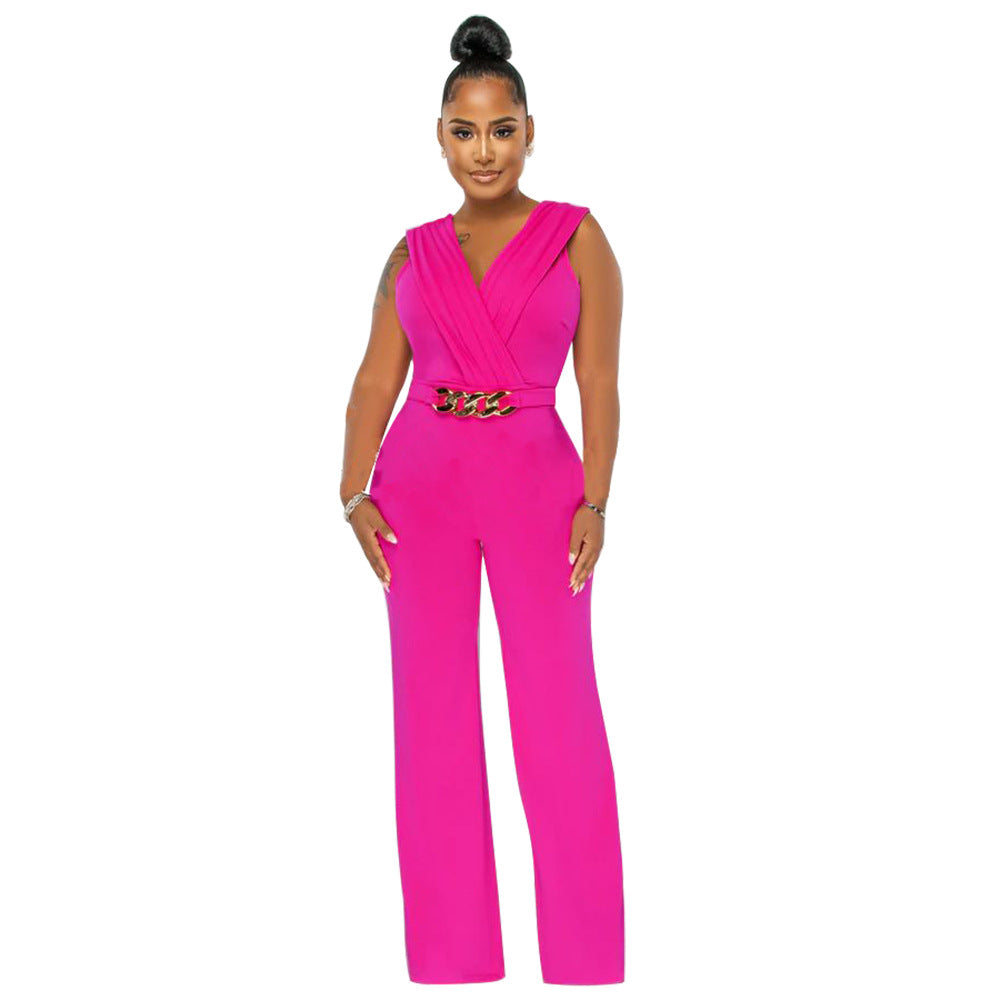 Women Clothing Women Wear Solid Color Loose Slim Casual Sleeveless Jumpsuit