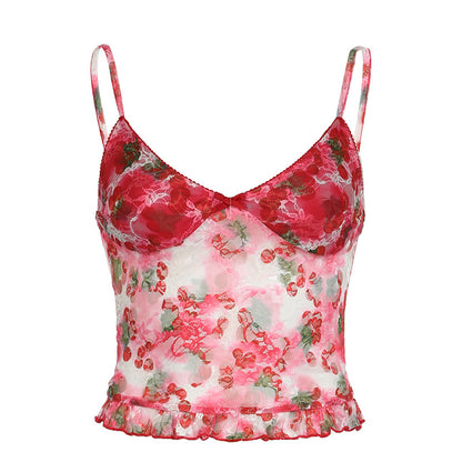 Camisola de malla floreciente con estampado de cereza y escote en V sexy y dulce y picante Chaleco de encaje ceñido de corte bajo con dopamina para niña