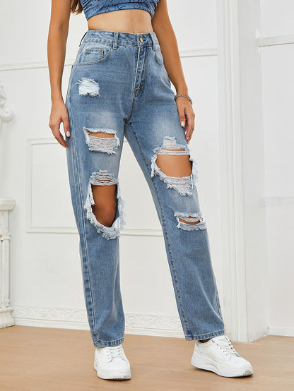 Women Clothing Popular Pants Ripped High Waist Casual Jeans