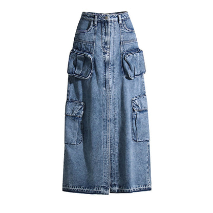 Brand Workwear Bag Skirt High Waist Front Slit Design Denim Solid Color Women Skirt