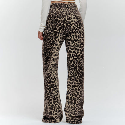 Summer Retro Street Loose Low Waist Leopard Print Trousers Cotton Wide Leg Pants Casual Pants Women