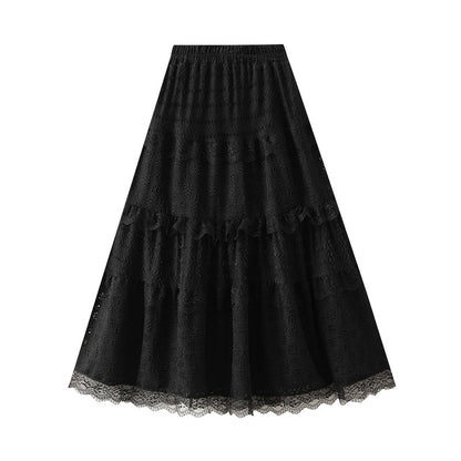 French Lace Tiered Skirt Autumn Winter Women Maxi Long Skirt