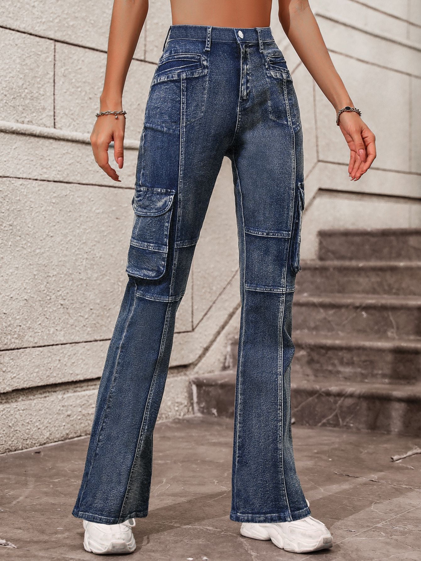 Pantalon Cargo à la mode multi-poches, Sexy, taille haute, droit, amincissant, en Denim, pour femmes