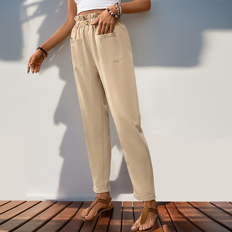 Pantalones casuales ajustados de cintura alta de color sólido para mujer de verano