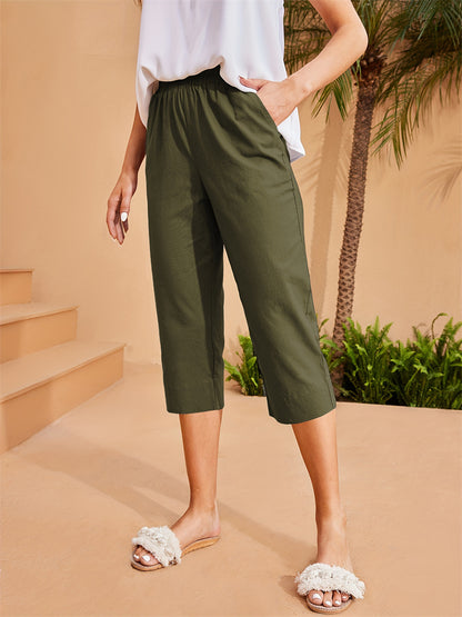 Pantalones casuales de cintura alta con bolsillo y cintura elástica para mujer, pantalones cortos de color sólido, pantalones de viaje de verano para mujer