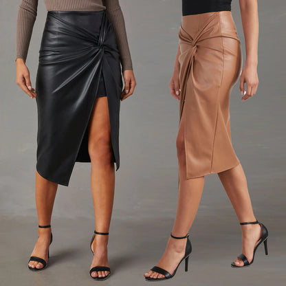 Autumn Winter Split Mid Length Sexy Sexy Leather Hip Skirt Women