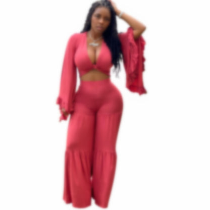 Women Clothing Long Sleeve Two Piece Suit Wide Leg Bell Bottoms Autumn Bandeau Sexy