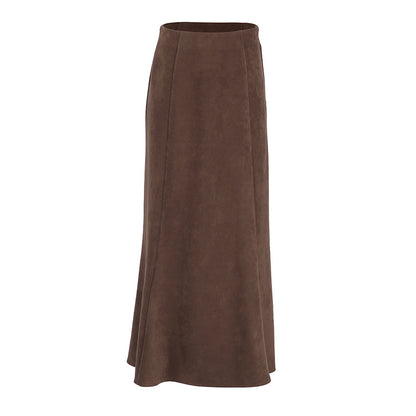 Autumn Winter Retro Fashionable Knitted Brushed Velvet Khaki Slim High Waist Straight Skirt Casual Dress Women