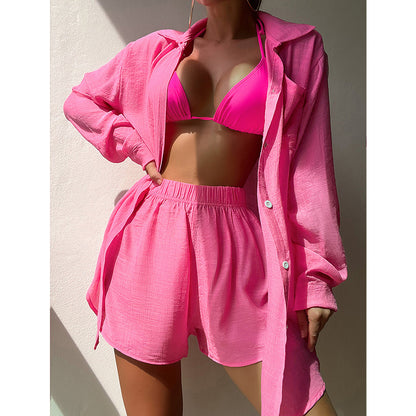 Beach Vacation Solid Color Shirt Suit Sexy Loose Sun Protective Clothing Casual Beach Swimsuit Blouse