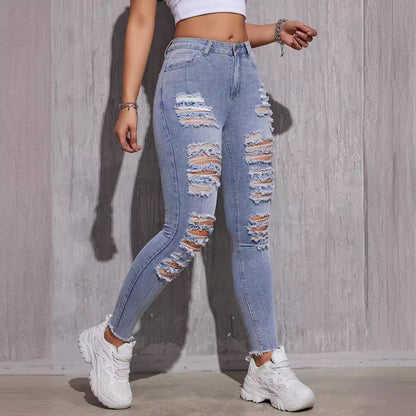 Women Clothes Stretch Ripped Ankle Tied Jeans High Waist Raw Hem