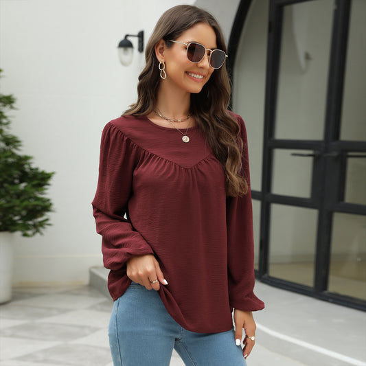 Autumn Solid Color Pullover Lantern Sleeve Chiffon Shirt Top