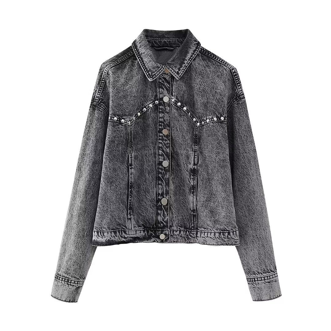 Automne femmes vêtements Rivet ornement Denim veste manteau Mini jupe