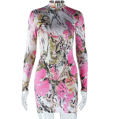 Women Printed Dress Round Neck Long Sleeve Hip Butterfly Dress