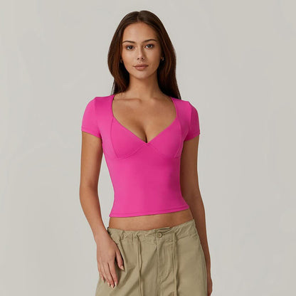 Ropa de mujer Verano Color sólido Simple Casual Cuello en V Camiseta corta delgada Top para mujer