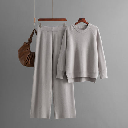 Winter Thick Sweater Women Loose Knitted Long Sleeves round Neck Wide Leg Pants Two Piece Set Women