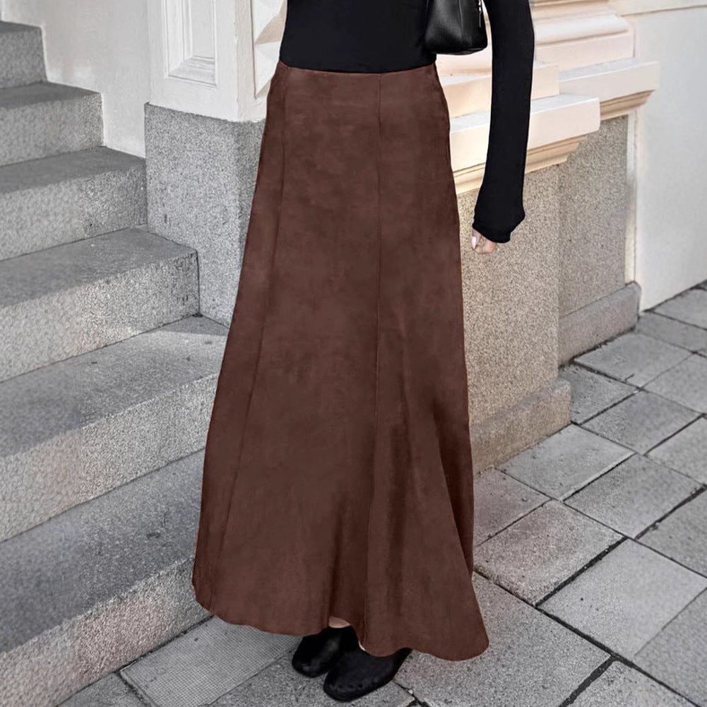 Autumn Winter Retro Fashionable Knitted Brushed Velvet Khaki Slim High Waist Straight Skirt Casual Dress Women