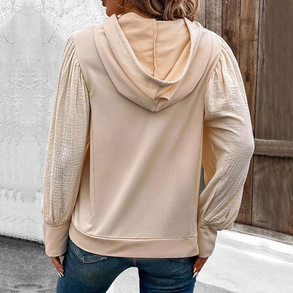 Autumn Pullover Hoodie Stitching Puff Sleeve Hooded Sweater for Women