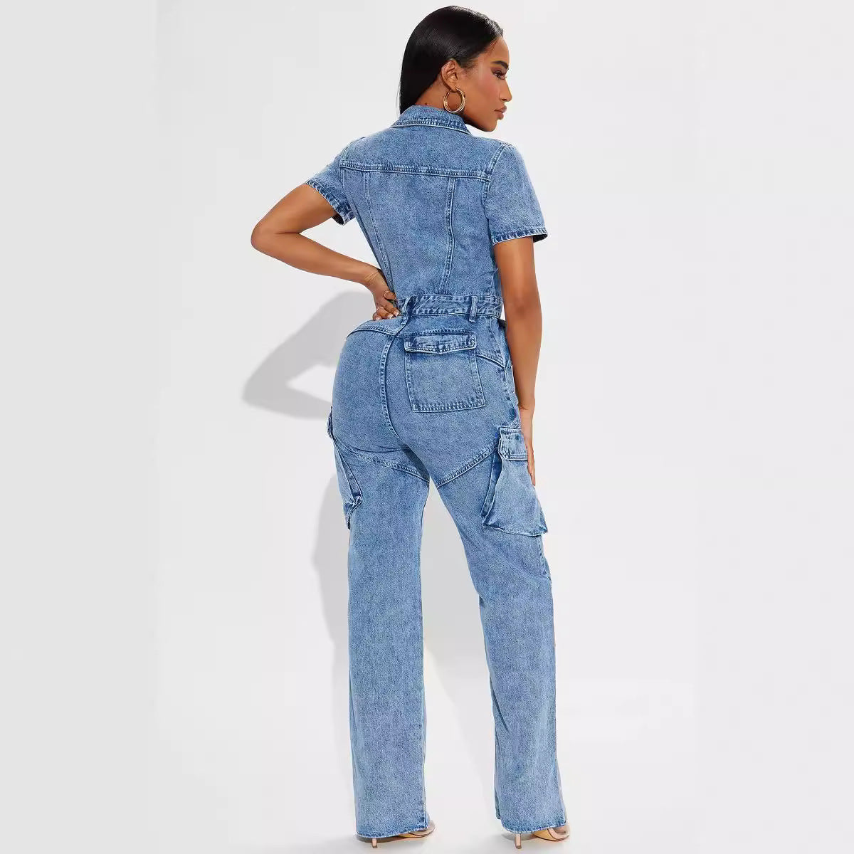 Tight Waist Slim Elastic Fried Floral Wash Denim Jumpsuit Jumpsuit Bell Bottom Pants