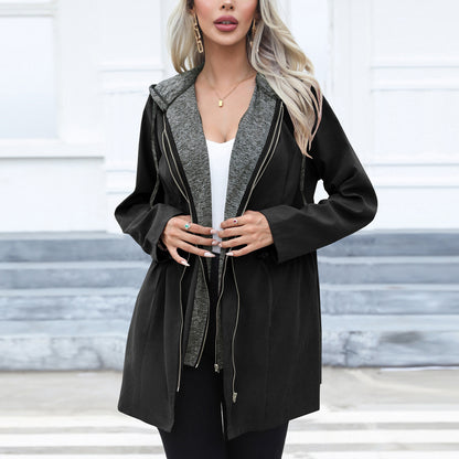 Women Clothing Casual Waist Tight Double Zipper Contrast Color Coat Mid Length Long Sleeve Hood Windbreaker Explosion