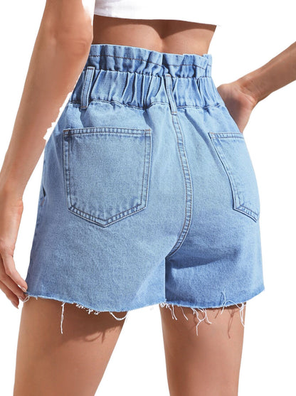 Women Clothing Spring Summer High Waist Loose Slimming Frayed Denim Shorts