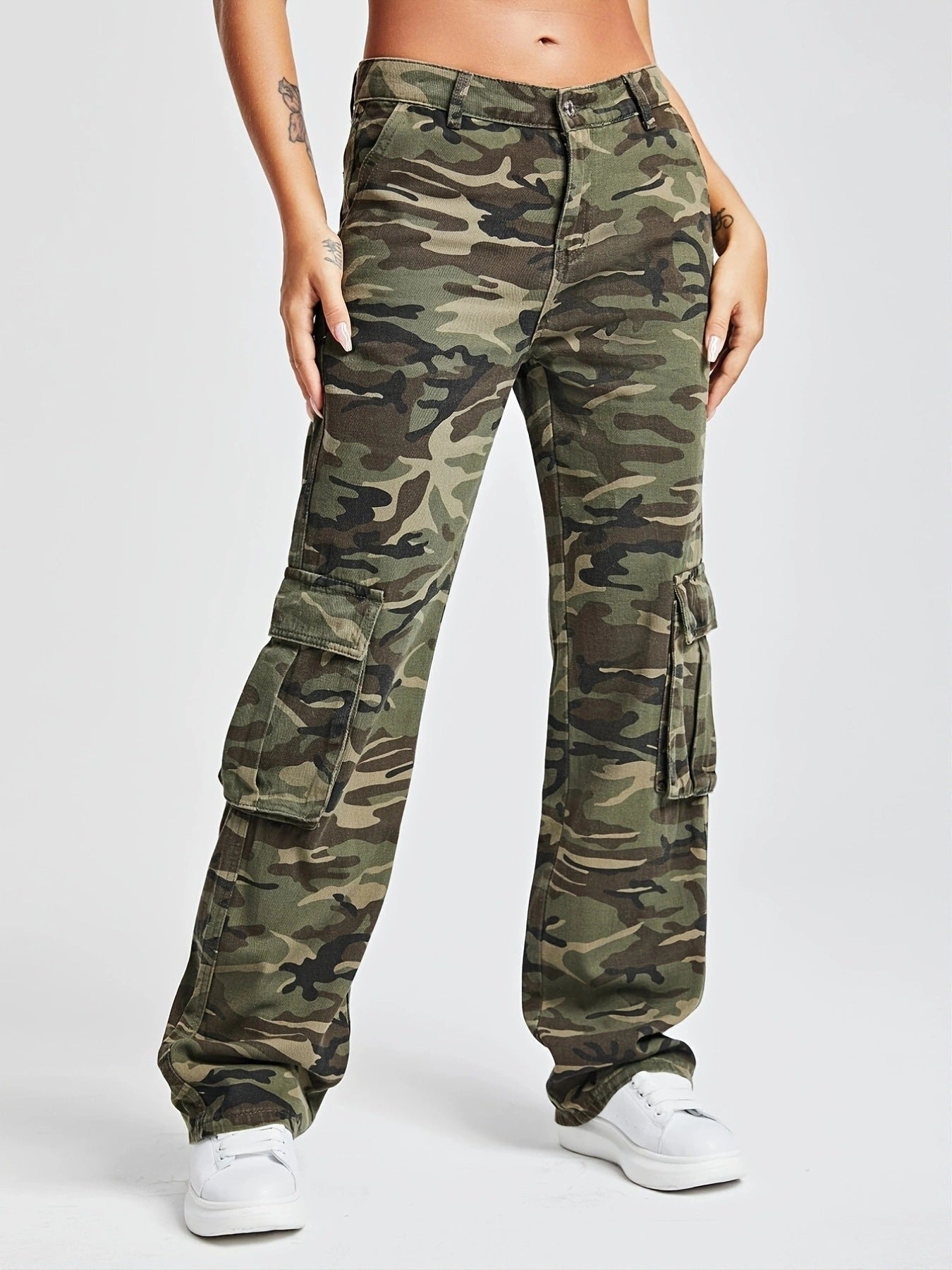 Women Camouflage Cargo Pants High Waist Multi Pocket Loose Jeans