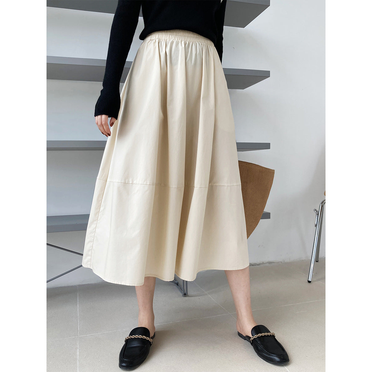 Autumn High Waist Slimming Puffy A line Dress Skirt Elastic Waist Mid Length Big Hem Umbrella Skirt