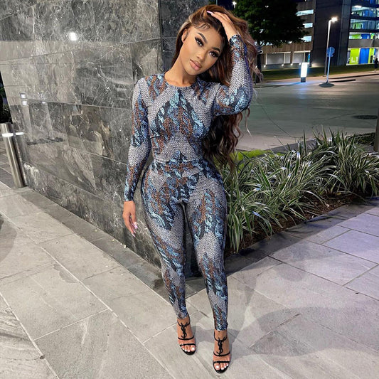 Autumn Winter Women Clothing Sexy Tight Printed Long Sleeve Two Piece Set for Women