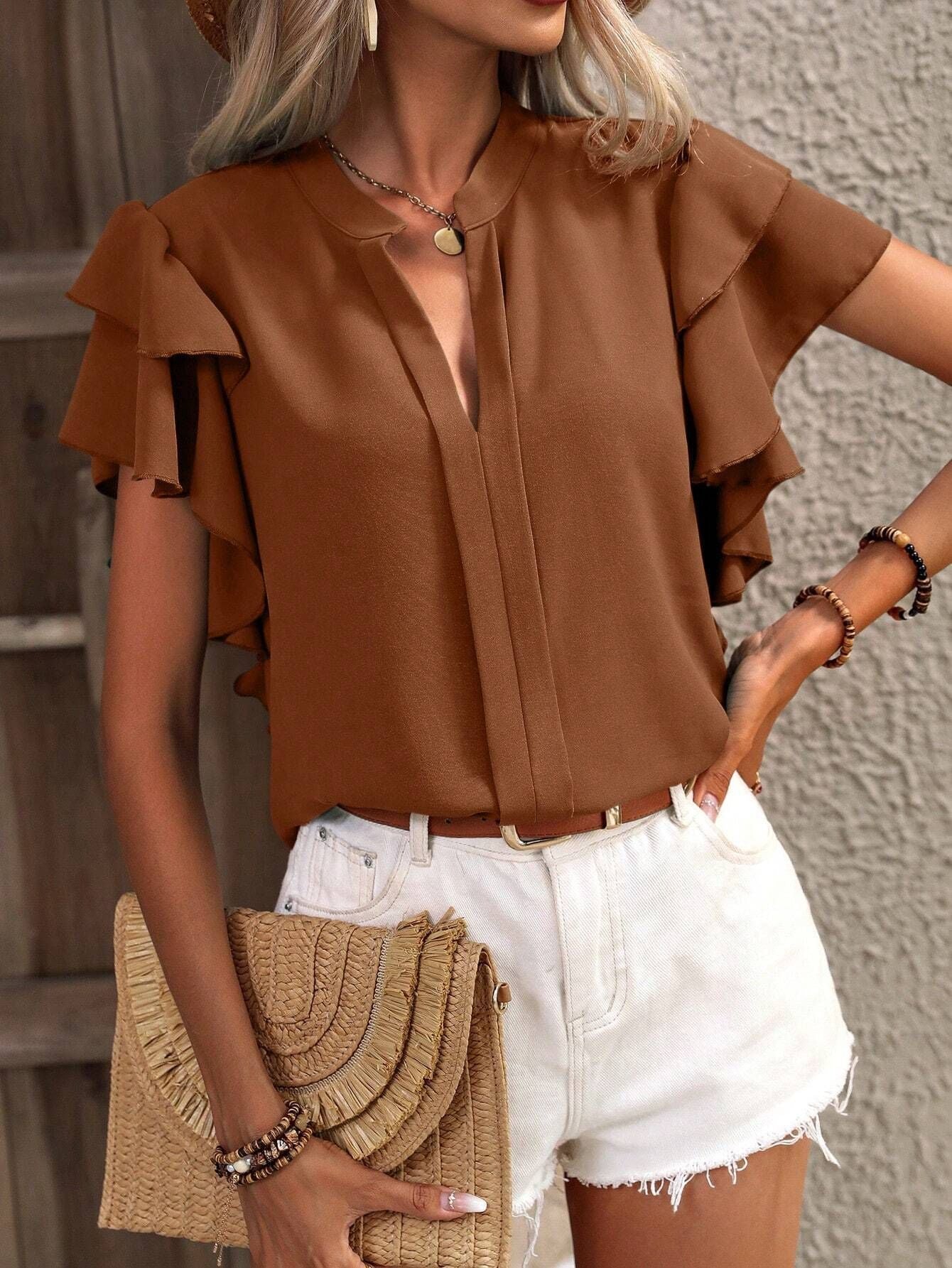 Women Clothing Summer V neck Casual Double Layer Ruffle Sleeve Solid Color Shirt Top